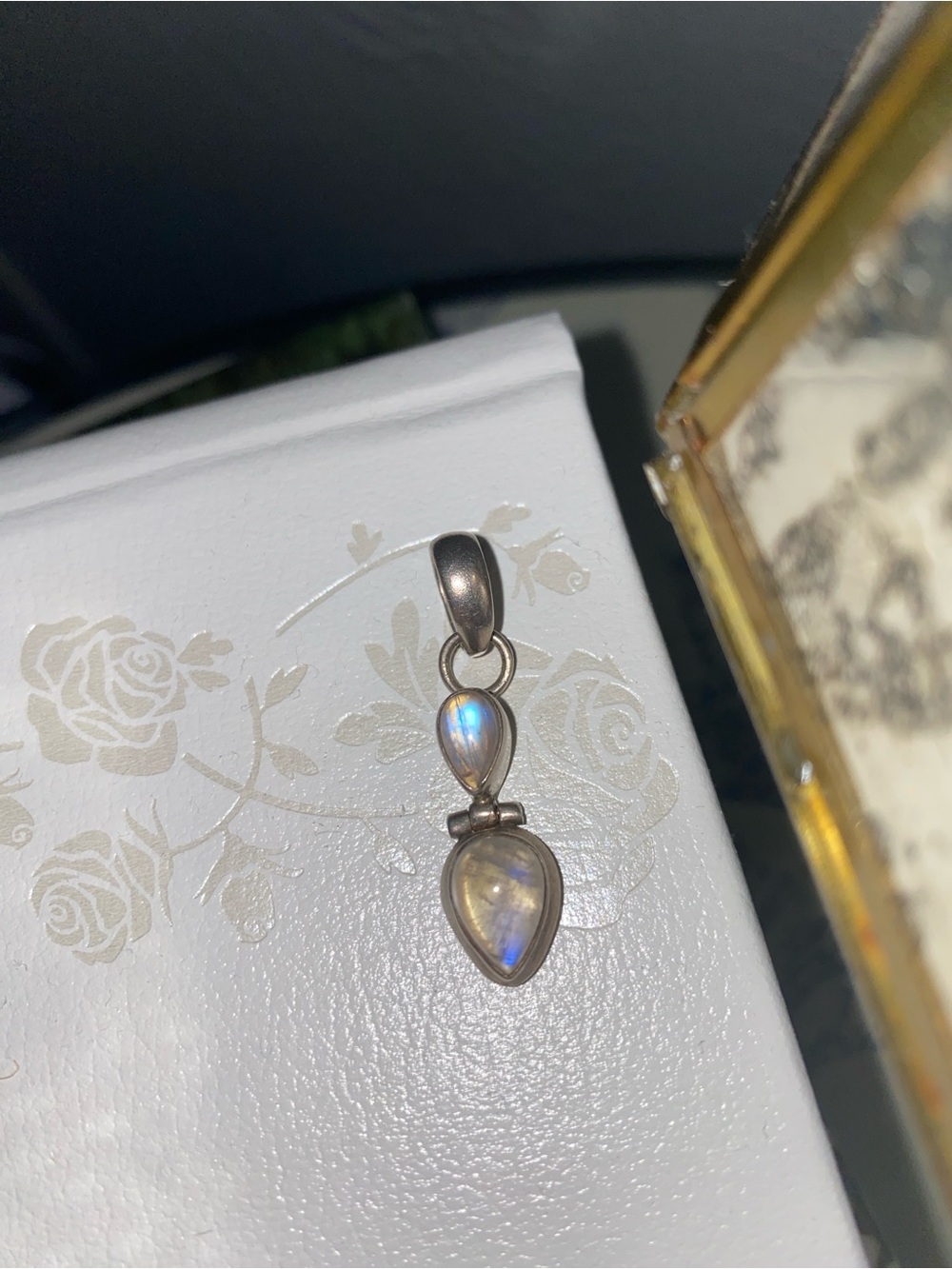 Sterling Silver Rainbow Moonstone Teardrop Pendant - Blue Flash - Hinged